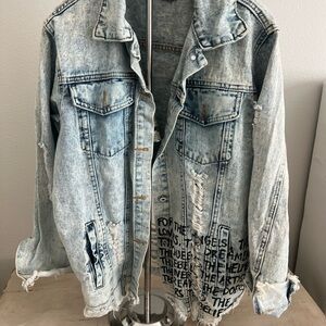 ‘Dripping Heart’ Distressed Denim Faded Blue Denim Jacket